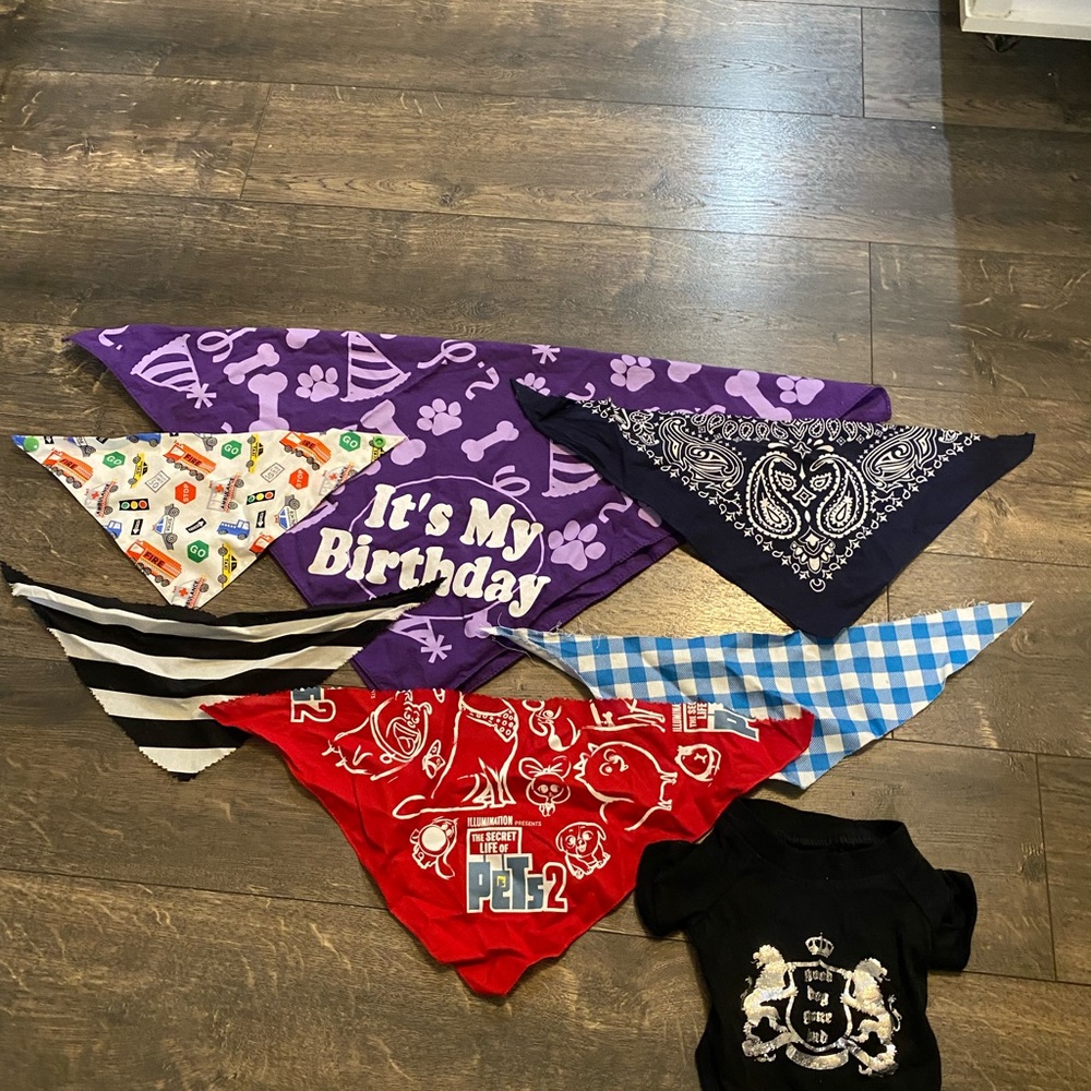 Lot of 7 Dog Items. 6 Bandannas and 1 Shirt.